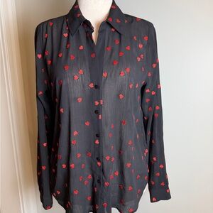 Like New L’Agence Size Large Red Heart Embroidered Black Long-Sleeve Blouse